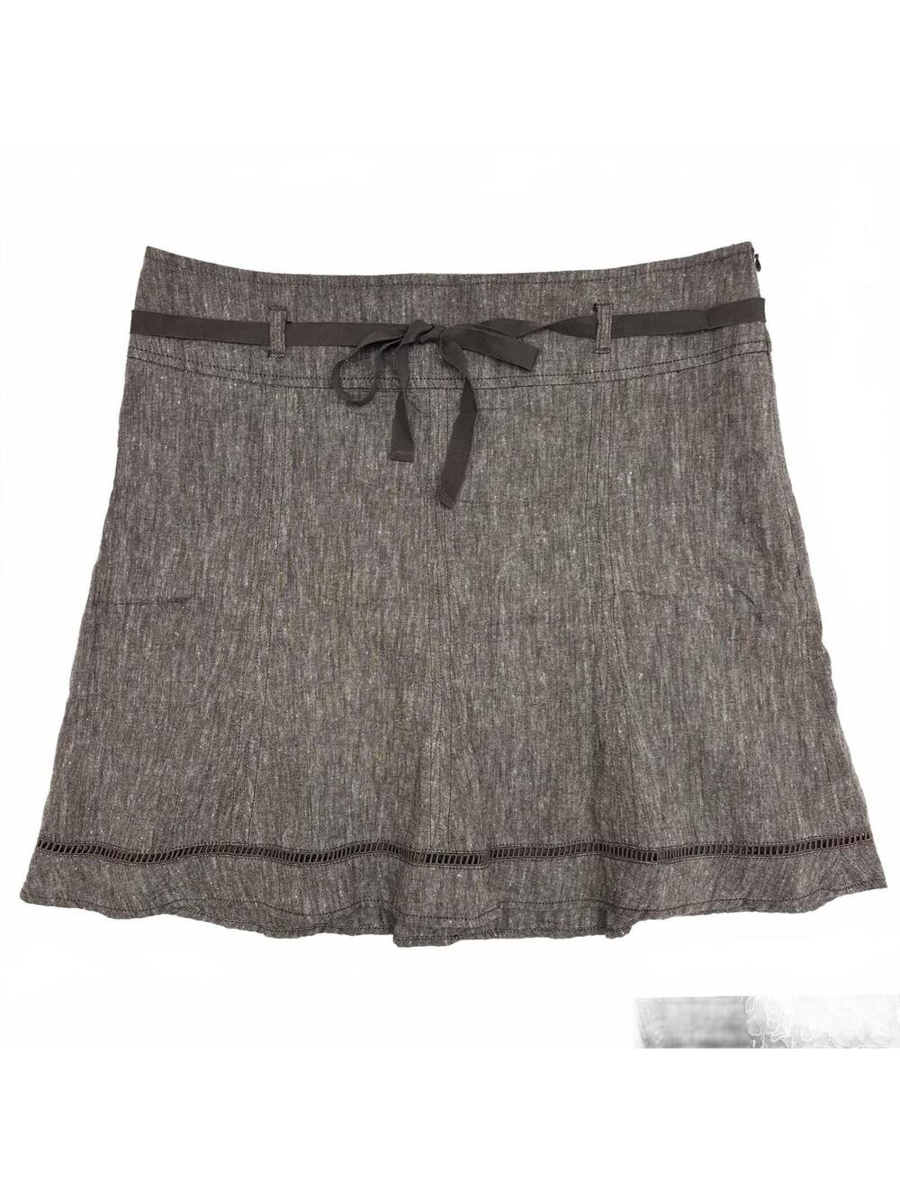 Y2K Dynamite Brown Linen Blend Knee Length Skirt W Bow Tie Ribbon Sz 9 Coquette